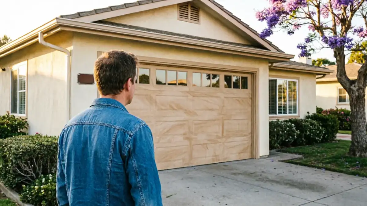 A man in a denim jacket stands facing a closed garage door on a house.