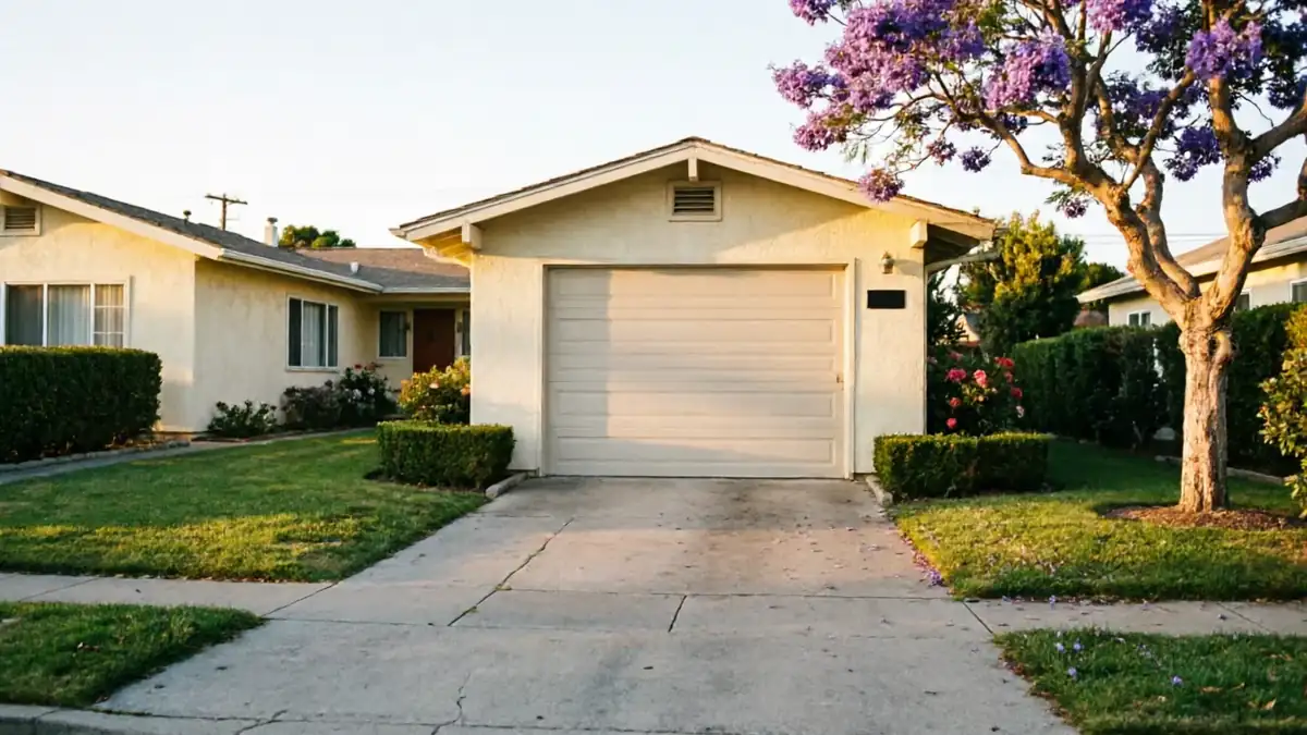 A beige garage door is on a stucco house with a purple flowering tree.