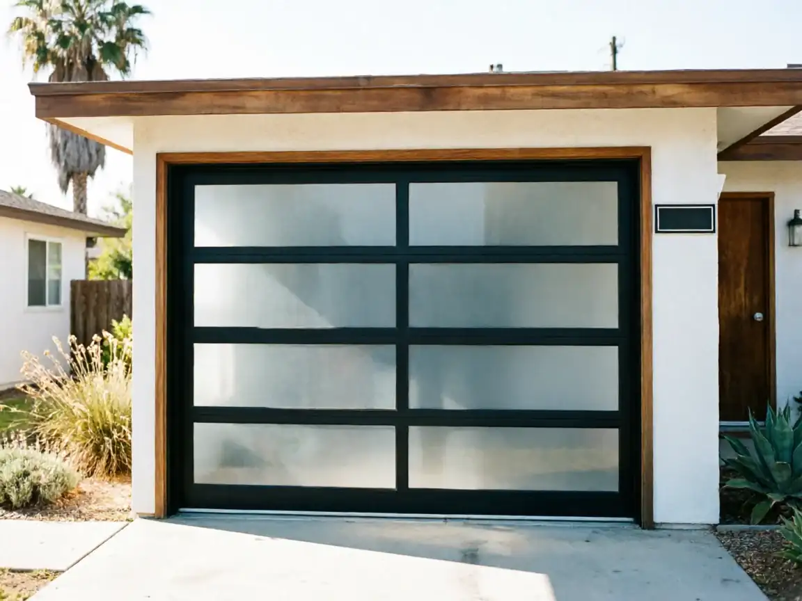 A modern black garage door with frosted glass panels on a white house.