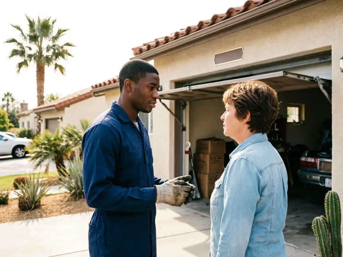 A technician in a blue uniform talks to a woman in front of an open garage.